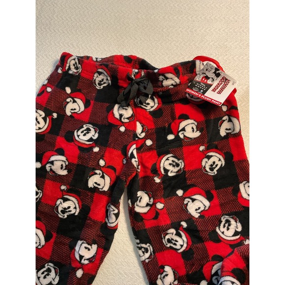 Disney‎ Mickey Mouse Santa Holiday Plush Pajama Pants Women's Small Red Plaid - Picture 2 of 4